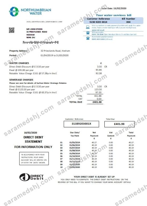 United Kingdom Northumbrian Water utility bill template in Word and PDF format, version 2